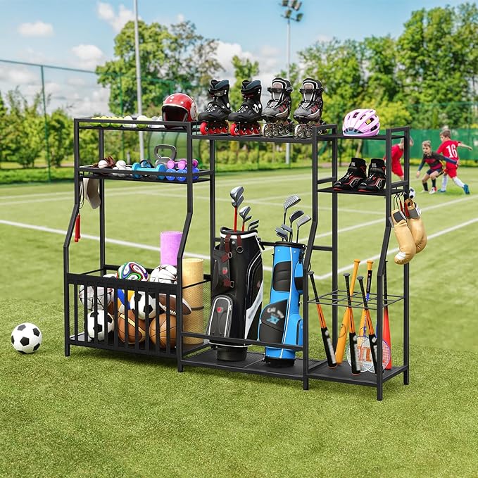Sports Equipment Storage for Garage, Large Size Garage Storage,78.3" Ball Storage Rack, Sports Equipment Organizer with Hooks, Ball Holder for Football, Basketball, Black BEHB17201