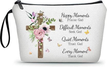Faith Based Gifts Cosmetic Bag,Faith Based Gifts for Women,Mothers Day Religious Gifts,Happy Moment Praise God Small Makeup Cosmetic Pouch,Christian Woman Gifts,Godly Gifts for Women