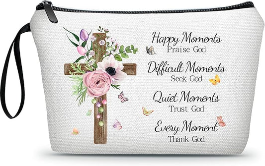 Faith Based Gifts Cosmetic Bag,Faith Based Gifts for Women,Mothers Day Religious Gifts,Happy Moment Praise God Small Makeup Cosmetic Pouch,Christian Woman Gifts,Godly Gifts for Women