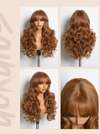 GORGIUS Glueless Wavy Wig with Bangs Honey Brown Synthetic Curtain Bang Wig with Realistic Scalp 22 Inch