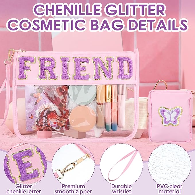 Hillban 2 Pcs Friends Makeup Cosmetic Bag Friendship Gifts for Women Chenille Letter Bag Clear Toiletry Pouch Travel Purse with Zipper Friendsgiving Birthday Gift