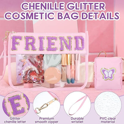 Hillban 2 Pcs Friends Makeup Cosmetic Bag Friendship Gifts for Women Chenille Letter Bag Clear Toiletry Pouch Travel Purse with Zipper Friendsgiving Birthday Gift
