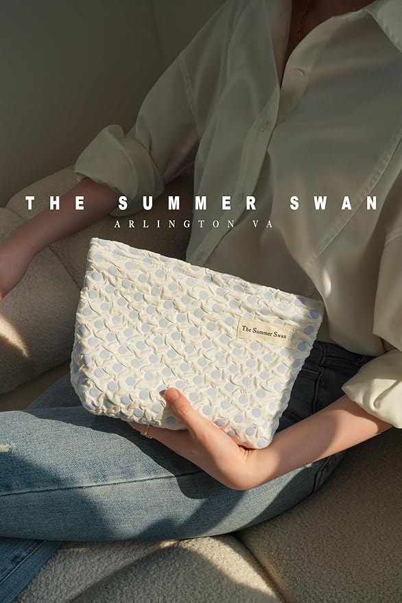 The Summer Swan | Large Aesthetic Makeup Bag | Floral Makeup Bag | Mid-day Clutch | Period Kit Bag | Hygiene Bag | Skincare Bag | Cute Makeup Bag (Polka Dots Blue)