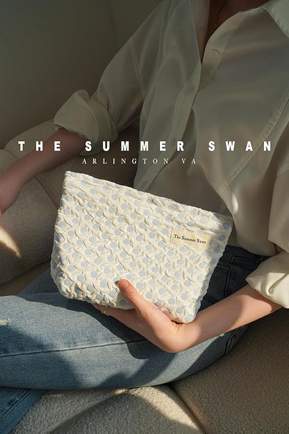The Summer Swan | Large Aesthetic Makeup Bag | Floral Makeup Bag | Mid-day Clutch | Period Kit Bag | Hygiene Bag | Skincare Bag | Cute Makeup Bag (Polka Dots Blue)
