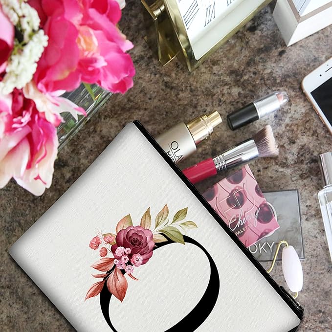 Vavabox A-Z Personalized Makeup Bag, Birthday Gifts for Women Mom, Gifts for Best Friend, Bride Bridesmaid Cosmetic bag (O, White)
