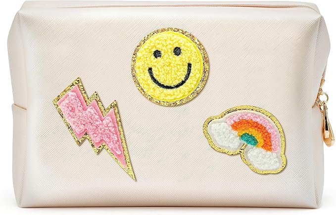 LieToi Preppy Patch Cosmetic Toiletry Bag, PU Leather Portable Waterproof Makeup Bag Smile Lightning Rainbow Organizer Compliant Bag Daily Travel Use Storage Purse for Women Girls (Large, Shell White)