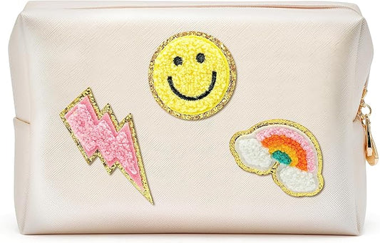 LieToi Preppy Patch Cosmetic Toiletry Bag, PU Leather Portable Waterproof Makeup Bag Smile Lightning Rainbow Organizer Compliant Bag Daily Travel Use Storage Purse for Women Girls (Large, Shell White)