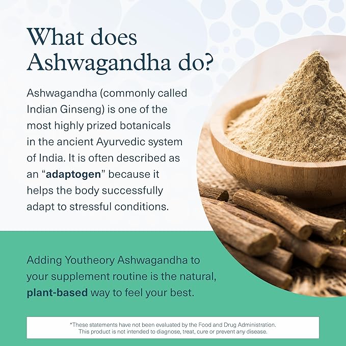 Youtheory Ashwagandha + GABA - 1,000 mg Ashwagandha & 100 mg GABA - Cortisol, Stress & Memory Support Supplement - 60 Vegetarian Capsules
