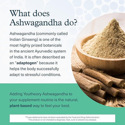 Youtheory Ashwagandha + GABA - 1,000 mg Ashwagandha & 100 mg GABA - Cortisol, Stress & Memory Support Supplement - 60 Vegetarian Capsules