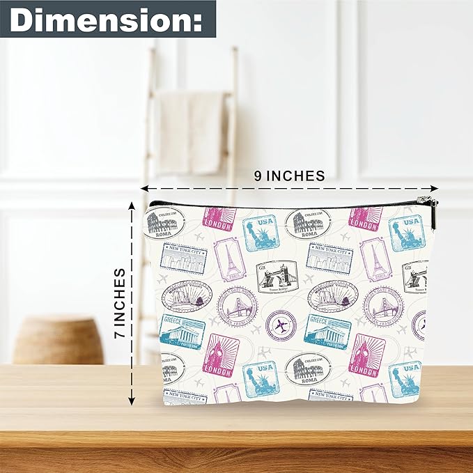 Full Print Makeup Bag - Travel Stamps Theme - Waterproof Cosmetic Bag, Toiletry Bag, Gift For Girls, Besties, Personal Care & Accessories - A22