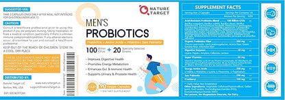 NATURE TARGET Probiotics for Men Digestive Health with Enzymes & Prebiotics, 100 Billion CFUs, Men's Probiotics with Saw Palmetto & Cranberry for Prostate & Urinary Tract Health, 90 Veggie Capsules
