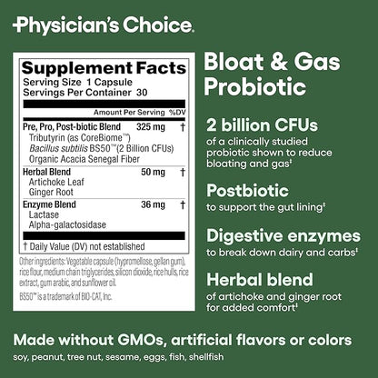 Physician's CHOICE Bloat & Gas Probiotic 5-in-1 Proactive Support + Daily Relief - Digestion & Gut Health- Herbals, Digestive Enzymes, Post & Prebiotics - Gas Relief for Adults - Women & Men - 30ct