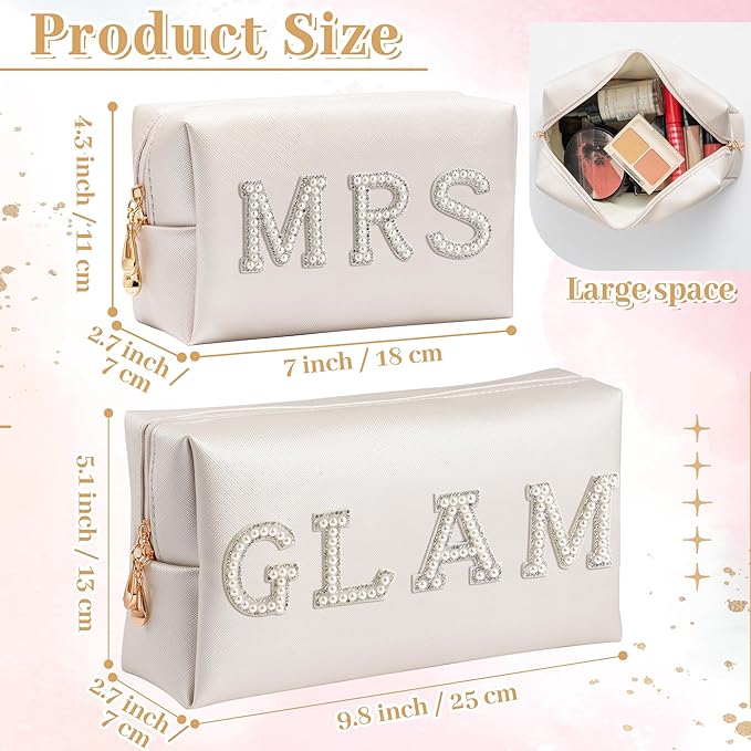 CY2SIDE Mrs Letter Makeup Bag - 2PCS White GLAM and MRS Pearl Rhinestone Letter Patch Cosmetic Bag PU Leather Patch Pouch Waterproof Portable Zipper Travel Organizer for Wedding Bride Christmas Gifts
