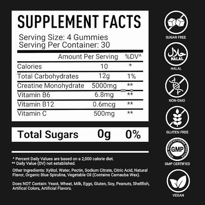 Creatine Gummies for Men & Women 5g Sugar Free - 120 Chewable Creatine Monohydrate Gummies for Muscle Strength, Muscle Builder, Energy Boost, Booty Gain, Pre-Workout & Recovery Supplement Gummy Chews