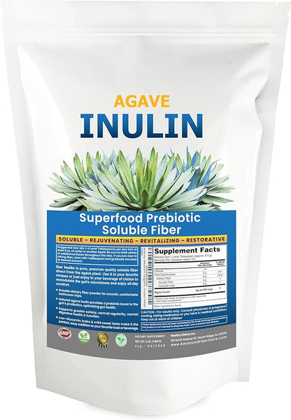 Inulin Powder (48oz/3 lbs) Gentle Agave Prebiotic Soluble Fiber Supplement for Digestive Support, Gut Health, Vegan Baking, Smoothies & Drinks