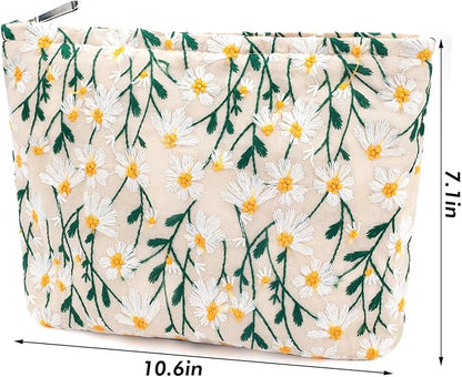 Flower Makeup Bag Travel Daisy Floral Cosmetic Bag for Women Cute Makeup Pouch Zipper Cosmetic Pouch for Purse Jacquard Aesthetic Floral Skincare Bag Portable Travel Toiletry Bag Organizer
