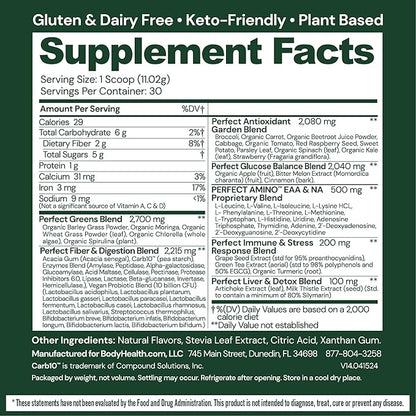 BodyHealth Greens Enhanced with PerfectAmino - Daily Superfood Green Apple Smoothie Powder with Vegetables, Fruit, Antioxidants, Prebiotics, Probiotics, Fiber, and Protein - 30 Servings