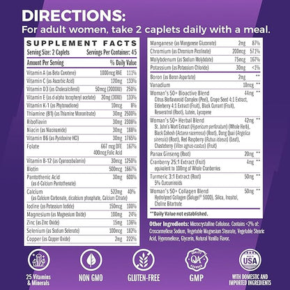 Vitamin World Ultra 360 Multivitamin for Women 50 Plus, Women's 50+ Multivitamin with Minerals & Herbs for Menopause Support, Supplement with Vitamin B, D, E & Zinc for Healthy Aging, 90 Caplets