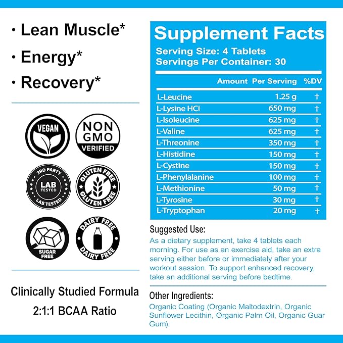 Ultimate Amino Acid Complex Supplement - 120 Easy-to-Swallow, Flavorless 1g Tablets - All 9 EAA Plus Cystine & Tyrosine - 2:1:1 BCAA Ratio - Increase Energy, Lean Muscle & Recovery - Vegan & Non-GMO