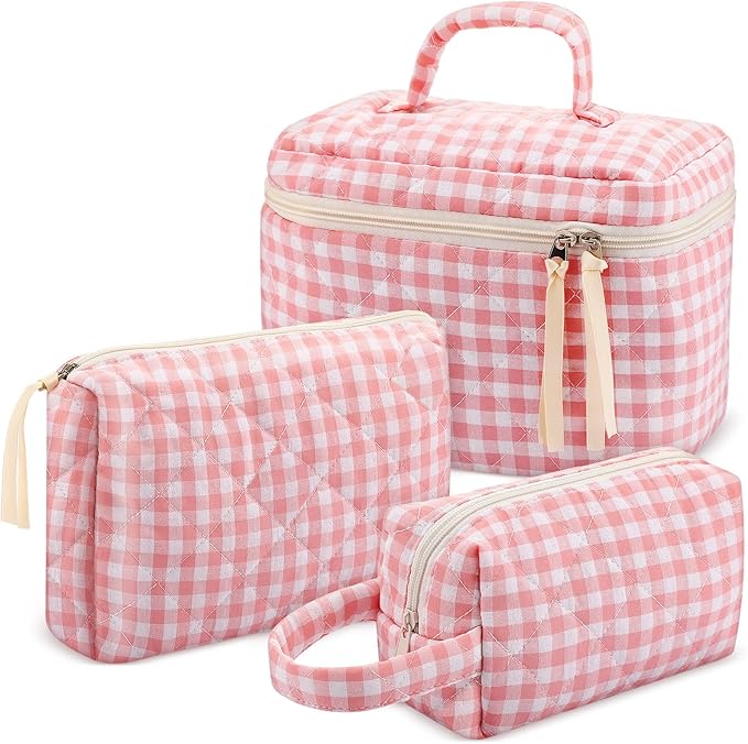 Paterr 3 Pieces Cotton Quilted Makeup Bag Set Coquette Cosmetic Bag Aesthetic Travel Toiletry pouch Cute Pouch Kawaii Aesthetic for Women(Pink,Pink Plaid)