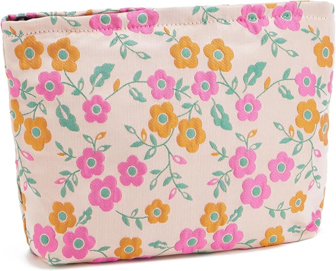 WOZEAH Floral Makeup Bag for Purse Small Cosmetic Pouch,Stylish Zipper Make up Pouch Travel Canvas Toiletry Bags(Orange Pink Flower)