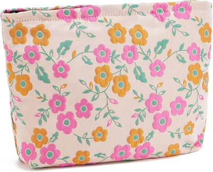 WOZEAH Floral Makeup Bag for Purse Small Cosmetic Pouch,Stylish Zipper Make up Pouch Travel Canvas Toiletry Bags(Orange Pink Flower)