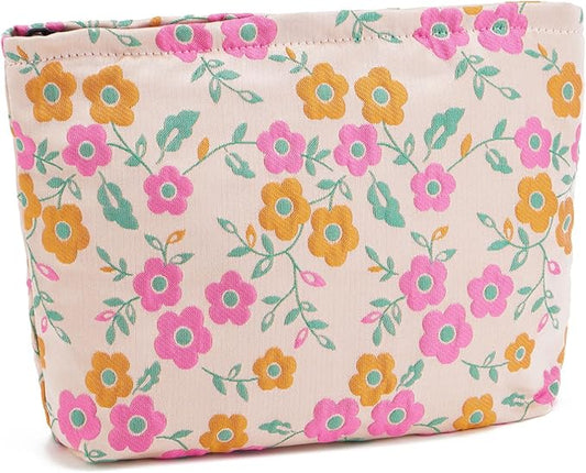 WOZEAH Floral Makeup Bag for Purse Small Cosmetic Pouch,Stylish Zipper Make up Pouch Travel Canvas Toiletry Bags(Orange Pink Flower)