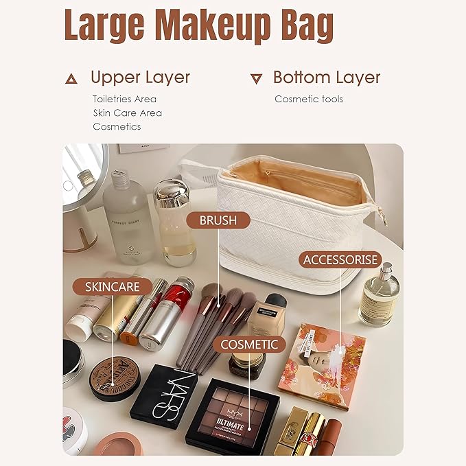 NGIL Faux Leather Cosmetic Bag for Women, Makeup Bag Organizer, Makeup Brush Storage, Portable Travel Bag for Toiletries (Woven, Cream, Medium)