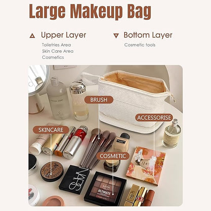 NGIL Faux Leather Cosmetic Bag for Women, Makeup Bag Organizer, Makeup Brush Storage, Portable Travel Bag for Toiletries (Woven, Cream, Medium)