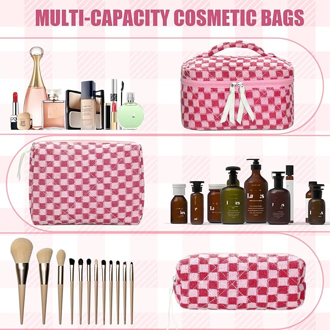 Quilted Makeup Bag Set, 3Pcs Large Checkered Corduroy Cosmetic Bags, Cute Coquette Makeup Bag Toiletry Zipper Pouch Bag for Women and Girls Checkered