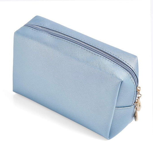 PU Leather Cosmetic Bag for Women Minimalism Makeup Bag for Daily Use Portable Storage Purse Small Neat Cosmetic Pouch Water-resistant Toiletry Bag for Travel (Light Blue)