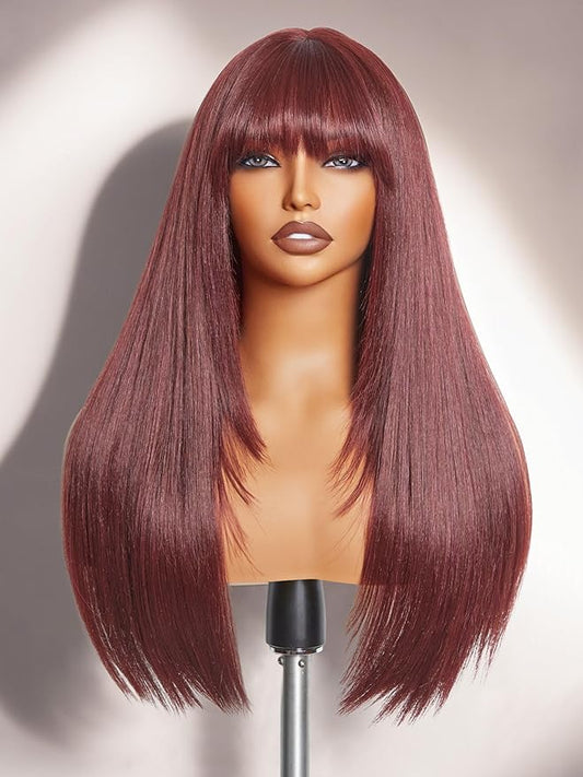 GORGIUS Straight Glueless Wig with Bangs Burgundy Red Layered Hair Ready-to-Go Synthetic Bang Wigs with Realistic Scalp 24 Inch