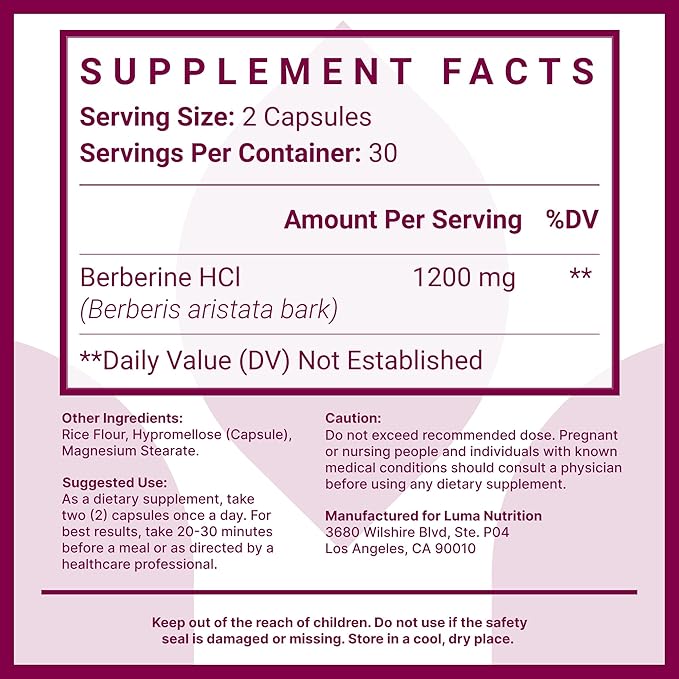 Berberine Supplement - Berberine 1200mg Per Serving - Berberine HCI - Berberine Plus - 60 Berberine Capsules