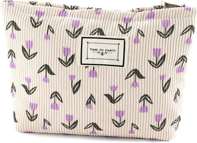 Flower Makeup Bag Travel Large Cosmetic Bag for Women Cute Makeup Pouch Zipper Cosmetic Pouch for Purse Corduroy Aesthetic Purple Floral Skincare Organizer Bag Portable Toiletry Bag