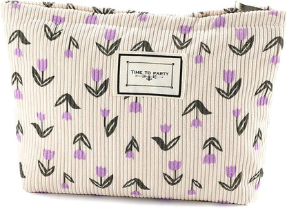 Flower Makeup Bag Travel Large Cosmetic Bag for Women Cute Makeup Pouch Zipper Cosmetic Pouch for Purse Corduroy Aesthetic Purple Floral Skincare Organizer Bag Portable Toiletry Bag