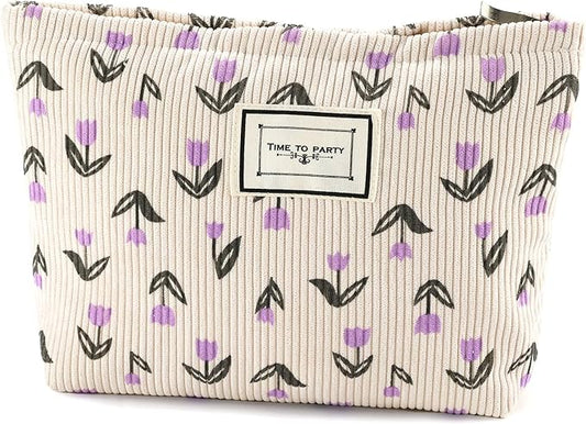 Flower Makeup Bag Travel Large Cosmetic Bag for Women Cute Makeup Pouch Zipper Cosmetic Pouch for Purse Corduroy Aesthetic Purple Floral Skincare Organizer Bag Portable Toiletry Bag
