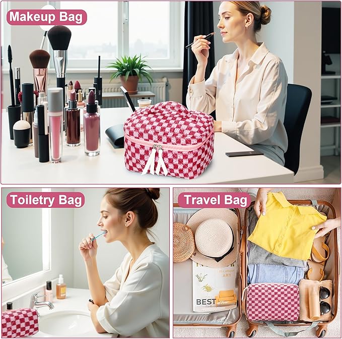 Quilted Makeup Bag Set, 3Pcs Large Checkered Corduroy Cosmetic Bags, Cute Coquette Makeup Bag Toiletry Zipper Pouch Bag for Women and Girls Checkered