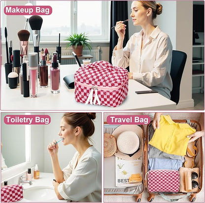 Quilted Makeup Bag Set, 3Pcs Large Checkered Corduroy Cosmetic Bags, Cute Coquette Makeup Bag Toiletry Zipper Pouch Bag for Women and Girls Checkered