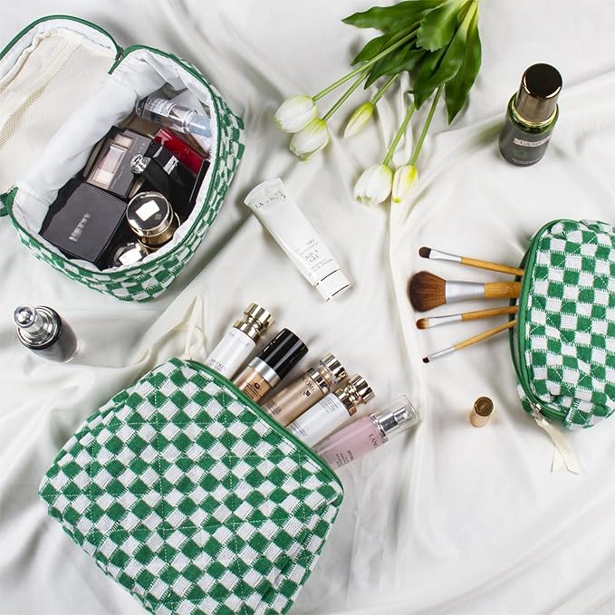 Quilted Makeup Bag Set, 3Pcs Large Checkered Corduroy Cosmetic Bags, Cute Coquette Makeup Bag Toiletry Zipper Pouch Bag for Women and Girls Checkered