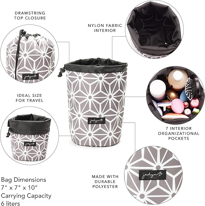 Jadyn Durable Cinch Top Makeup Organizer - Compact Travel Makeup Bag - 7 Interior Pockets for Cosmetics - Drawstring Toiletry Travel Bag for Women - 6L Storage Capacity - (Geometric Gray)