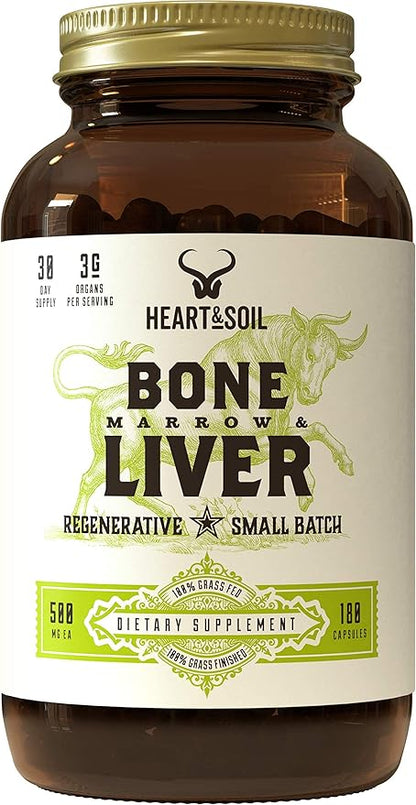 Heart & Soil Grass-Fed Bone Marrow & Liver Supplement - Desiccated Organ Supplements to Enhance Mood, Bone, Joint, Tissue, & Skin Health - 180 Capsules