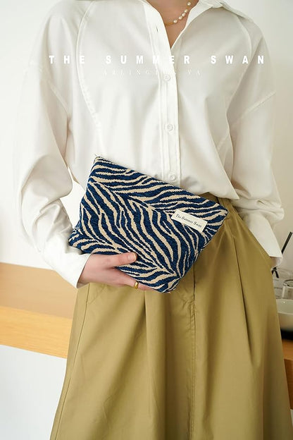 The Summer Swan | Large Aesthetic Floral Mid-day Clutch Period Kit Hygiene Skincare Cute Makeup Bag (Velvet Zebra Print Navy)