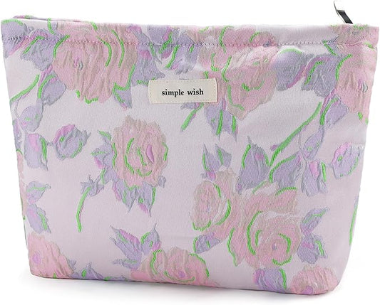 Flower Makeup Bag Travel Large Cosmetic Bag for Women Cute Rose Makeup Pouch Zipper Cosmetic Pouch for Purse Aesthetic Pink Floral Make up Organizer Bag Portable Toiletry Bag
