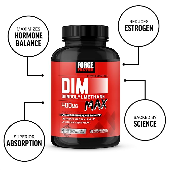 FORCE FACTOR DIM Max, DIM Supplement for Men to Support Hormone Balance and Estrogen Balance, Maximum Strength Diindolylmethane, Superior Absorption, 400mg, 60 Capsules
