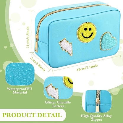 Sanwuta 4 Pcs Hair Face Skin Travel Bag Set Preppy Makeup Pouch PU Leather Skincare Bag Waterproof Cosmetic Organizer Birthday Christmas Gifts(Yellow, Blue, Green, Rosy,Fresh Style)
