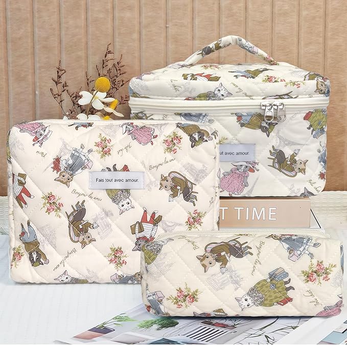 Quilted Makeup Bag, Large Capacity Travel Cosmetic Bag for Women and Girls, Aesthetic Storage for Daily and Travel Use (3pcs-CatAnimalPrint)