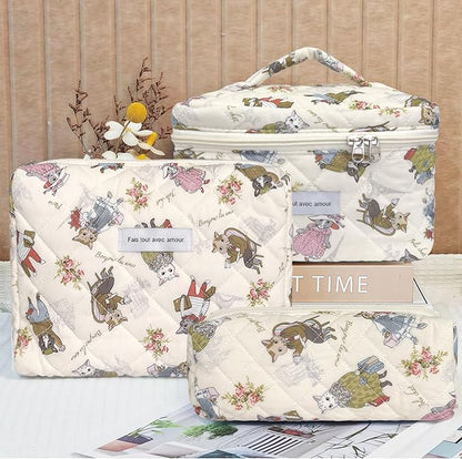 Quilted Makeup Bag, Large Capacity Travel Cosmetic Bag for Women and Girls, Aesthetic Storage for Daily and Travel Use (3pcs-CatAnimalPrint)