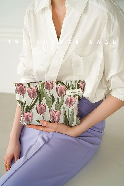 The Summer Swan | Large Aesthetic Makeup Bag Floral Mid-day Clutch Period Kit Hygiene Skincare Cute (Burgundy Tulip)