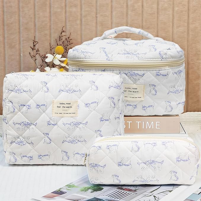 3 Piece Blue Quilted Makeup Bag, Large Capacity Travel Cosmetic Bag for Women and Girls, Aesthetic Storage for Daily and Travel Use (3pcs-BlueCatAnimal)