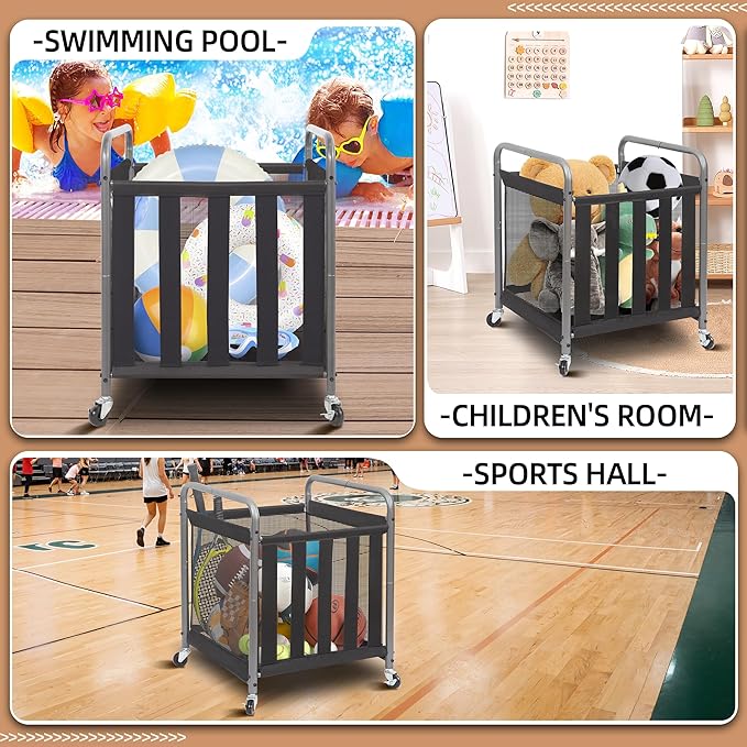 STORAGE MANIAC Ball Storage Bin Rolling Sports Ball Cart, Metal Garage Organizer Sport Rack Basketball Storage Cage for Garage or Gym, Indoor & Outdoor Sports Equipment Organizer
